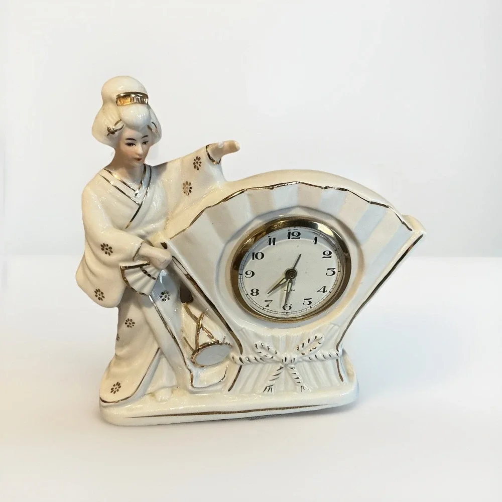 Porcelain Desk Clock Imbedded in Fan with ‎   Japanese Geisha Girl Figurine